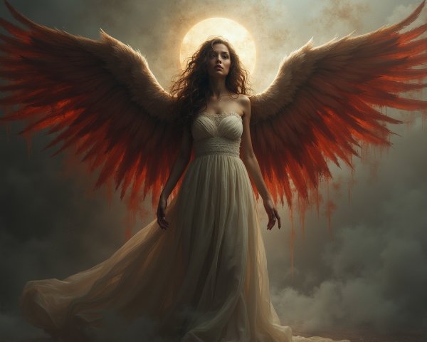 Ethereal Figure in White Gown with Fiery Red Wings