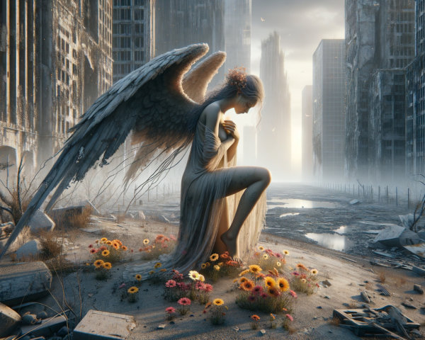 Sorrowful angel in a ruined city with vibrant flowers