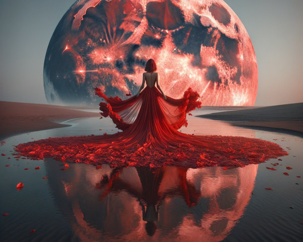 Graceful figure in red gown by a luminescent moon