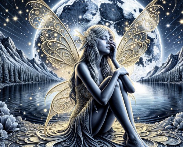 Serene Fairy by Shimmering Lake Under Full Moon
