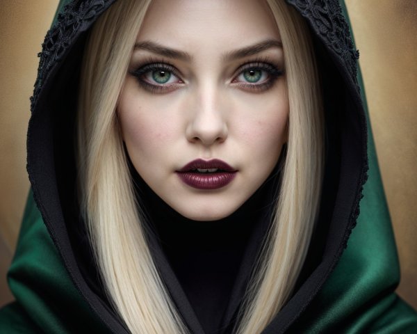 Mysterious Woman in Emerald Cloak with Green Eyes