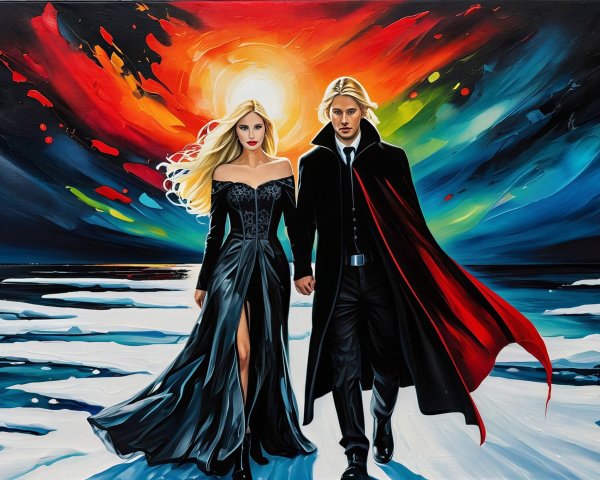 Young Couple on Frozen Shore in Painterly Style