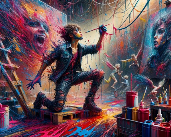 Young artist creating colorful artwork in vibrant studio