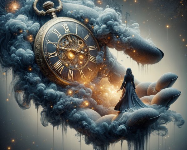 Giant Hand Holding Antique Watch Among Swirling Clouds