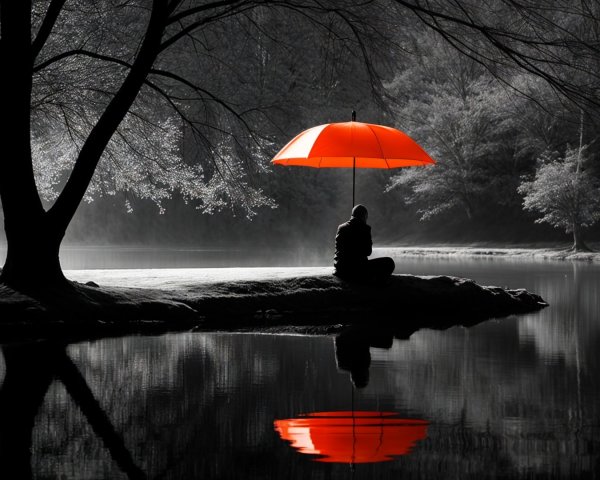 Serene lake scene with figure and red umbrella