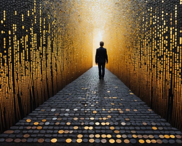 Solitary Figure on a Narrow Pathway with Lights