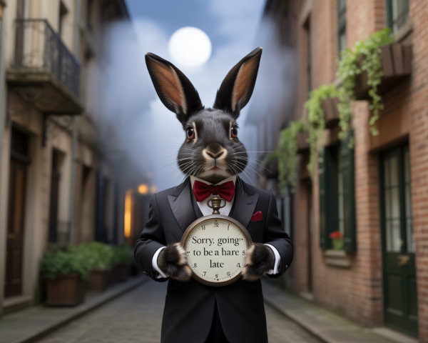 Dapper Rabbit in Tuxedo with Vintage Clock at Night
