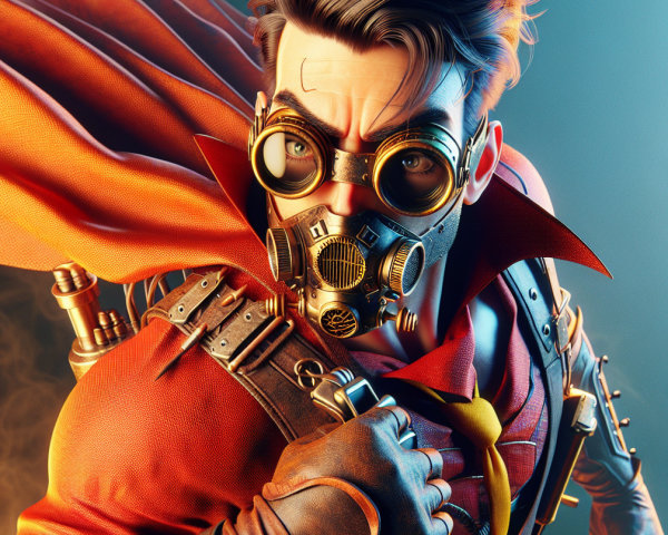 Heroic figure in red cape with steampunk elements