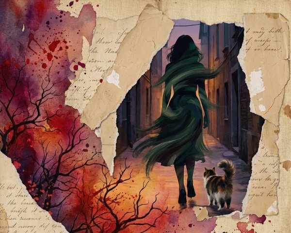 Collage of a Woman and Cat in an Alley Scene