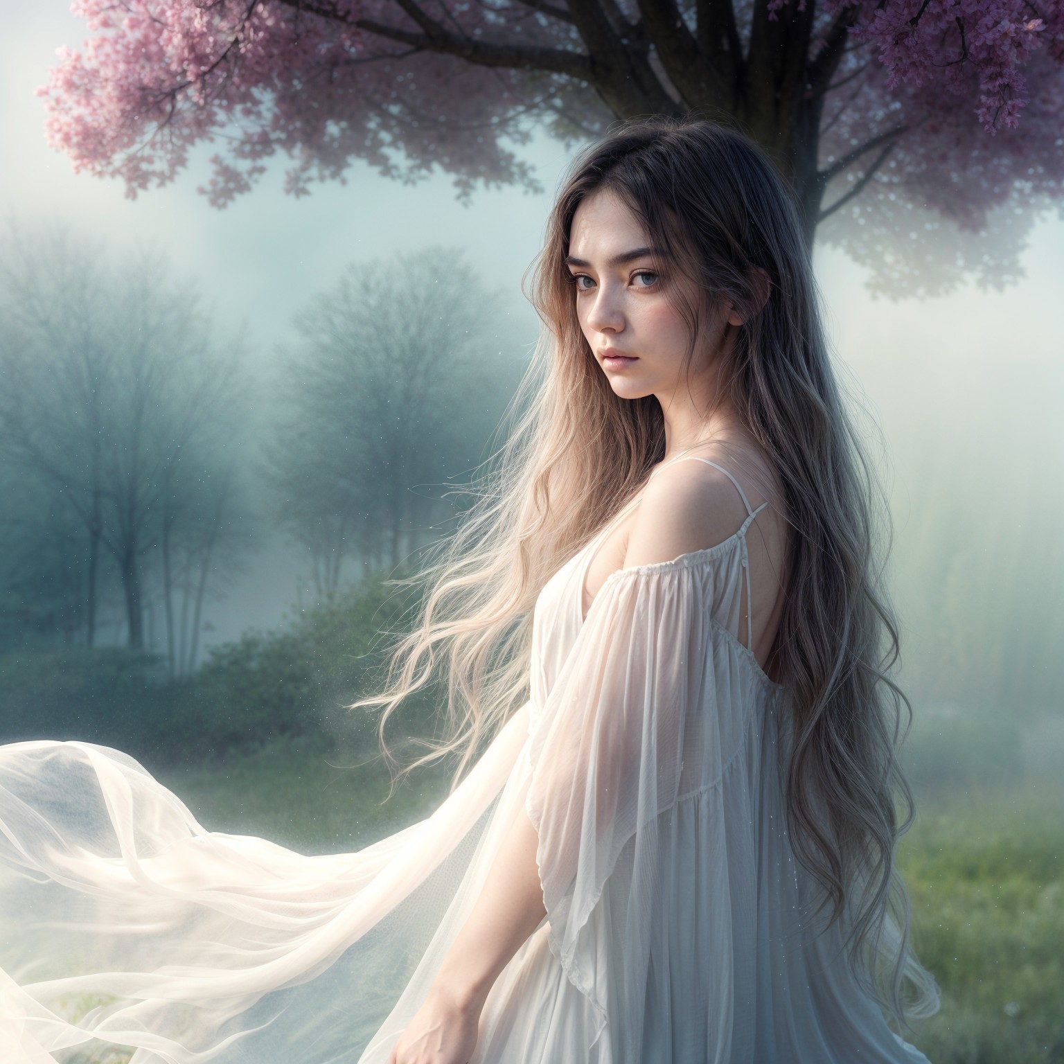 Young woman in a misty landscape with blossoms