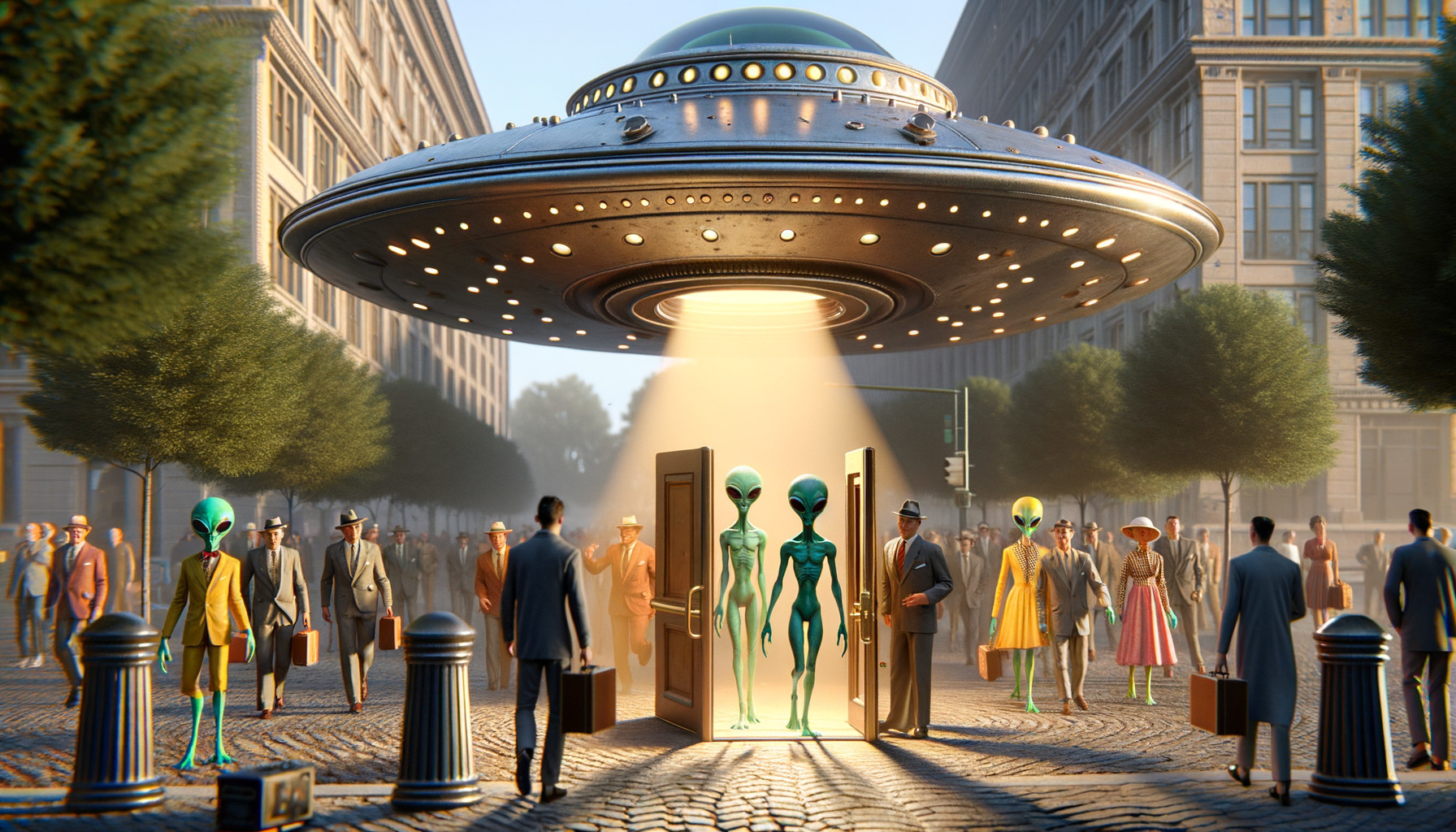 UFO Landing in City Square with Green Aliens Present