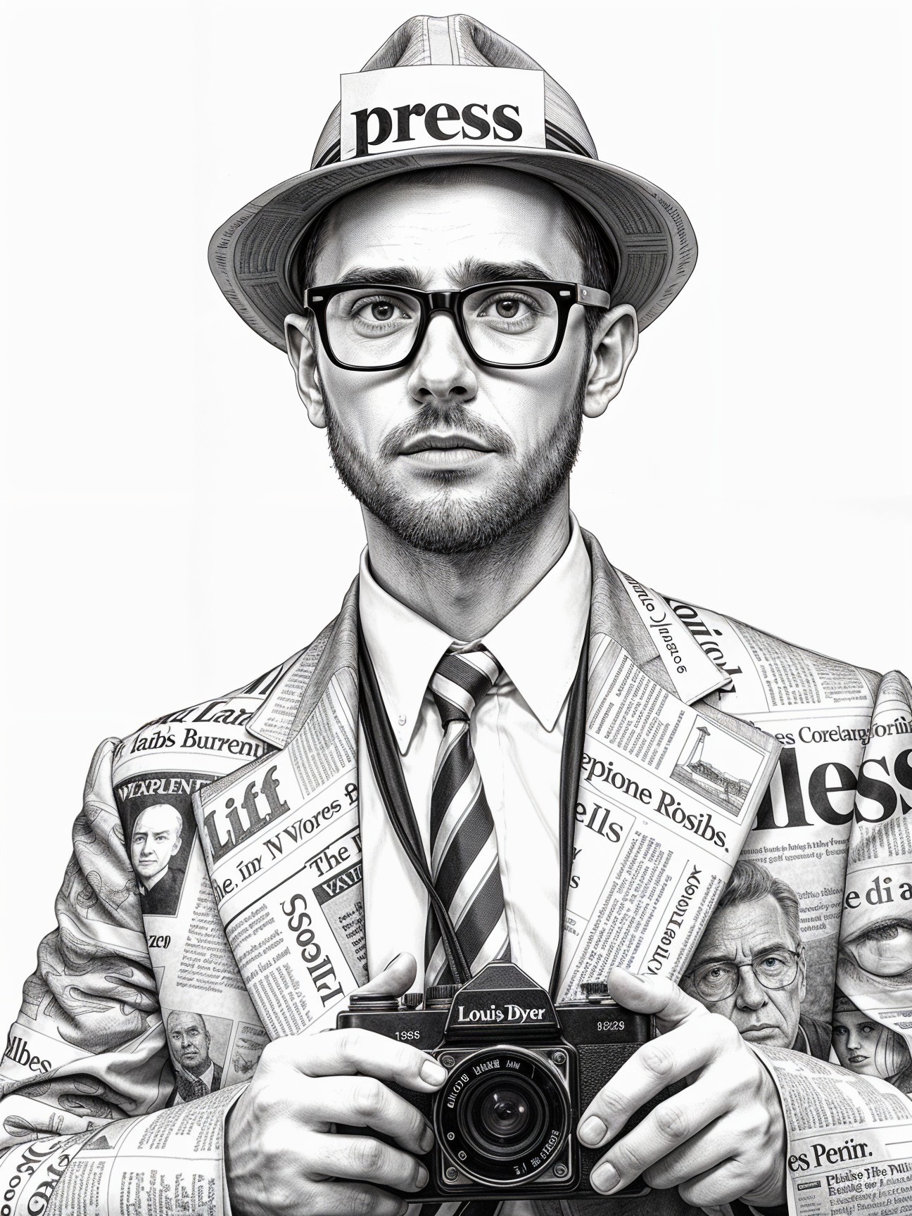 Black and white illustration of a suited journalist
