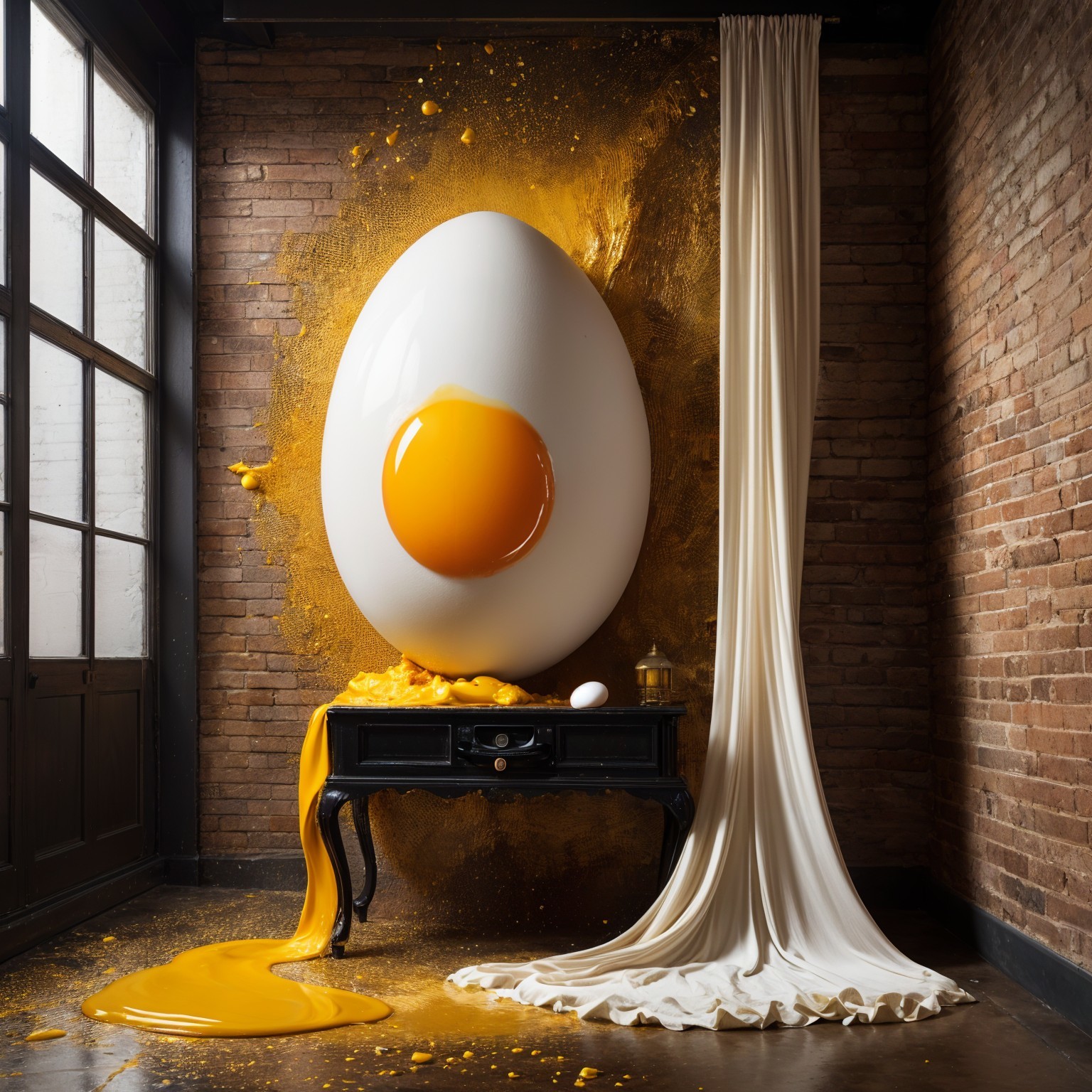 Surreal Egg with Vibrant Yolk Against Brick Wall