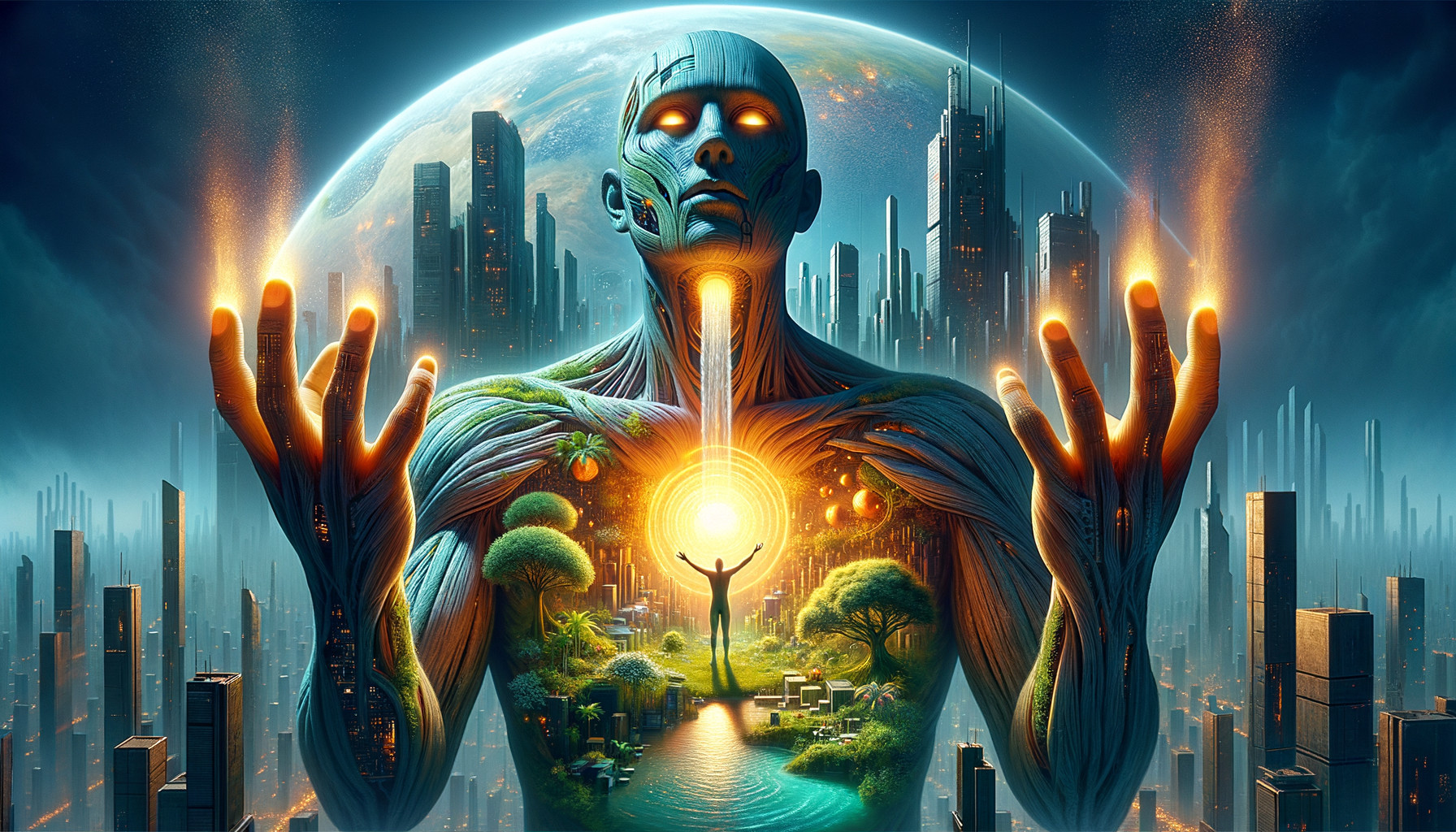 Colossal Figure of Humanity with Intertwined Trees