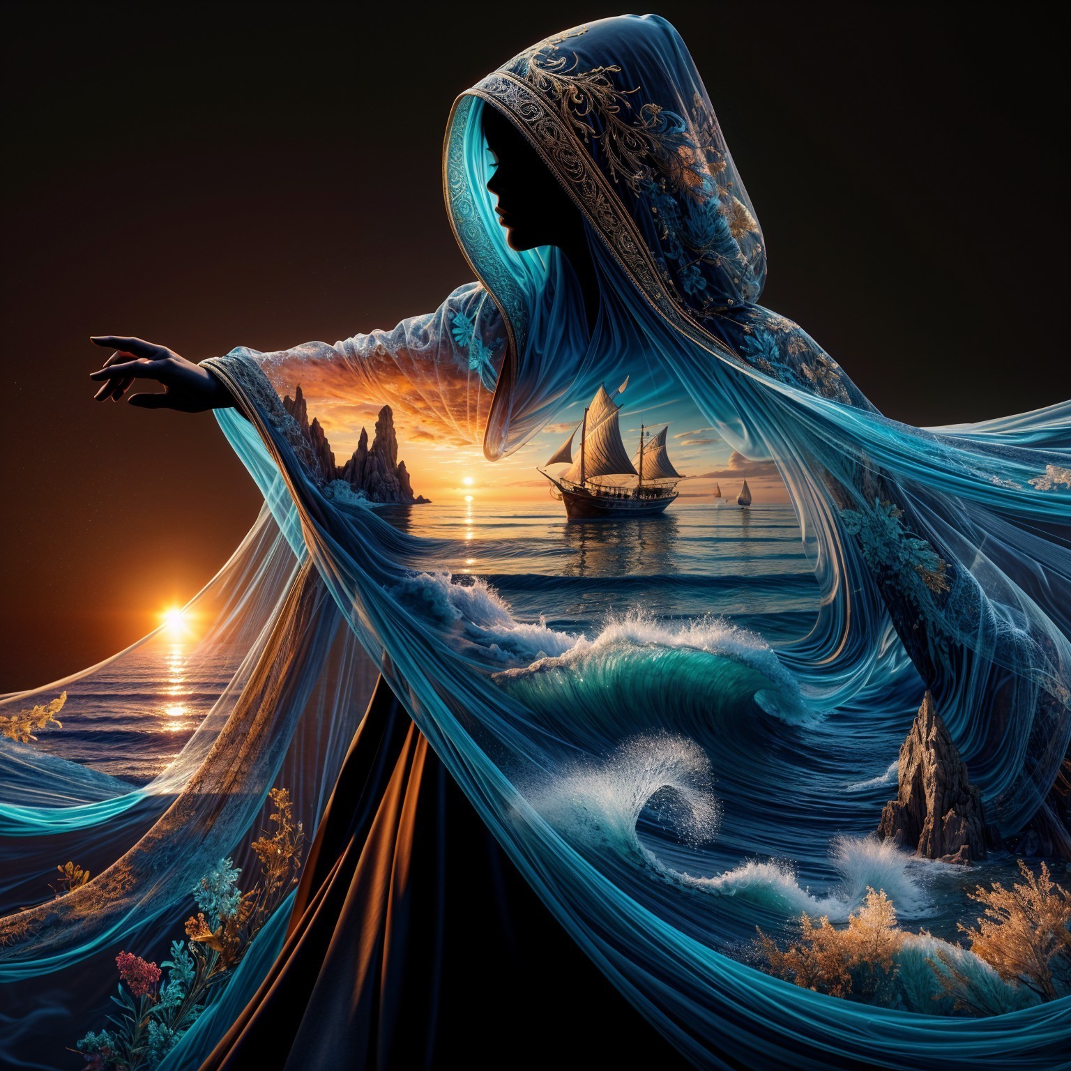 Mysterious Figure in Hooded Robe Against Sunset Background
