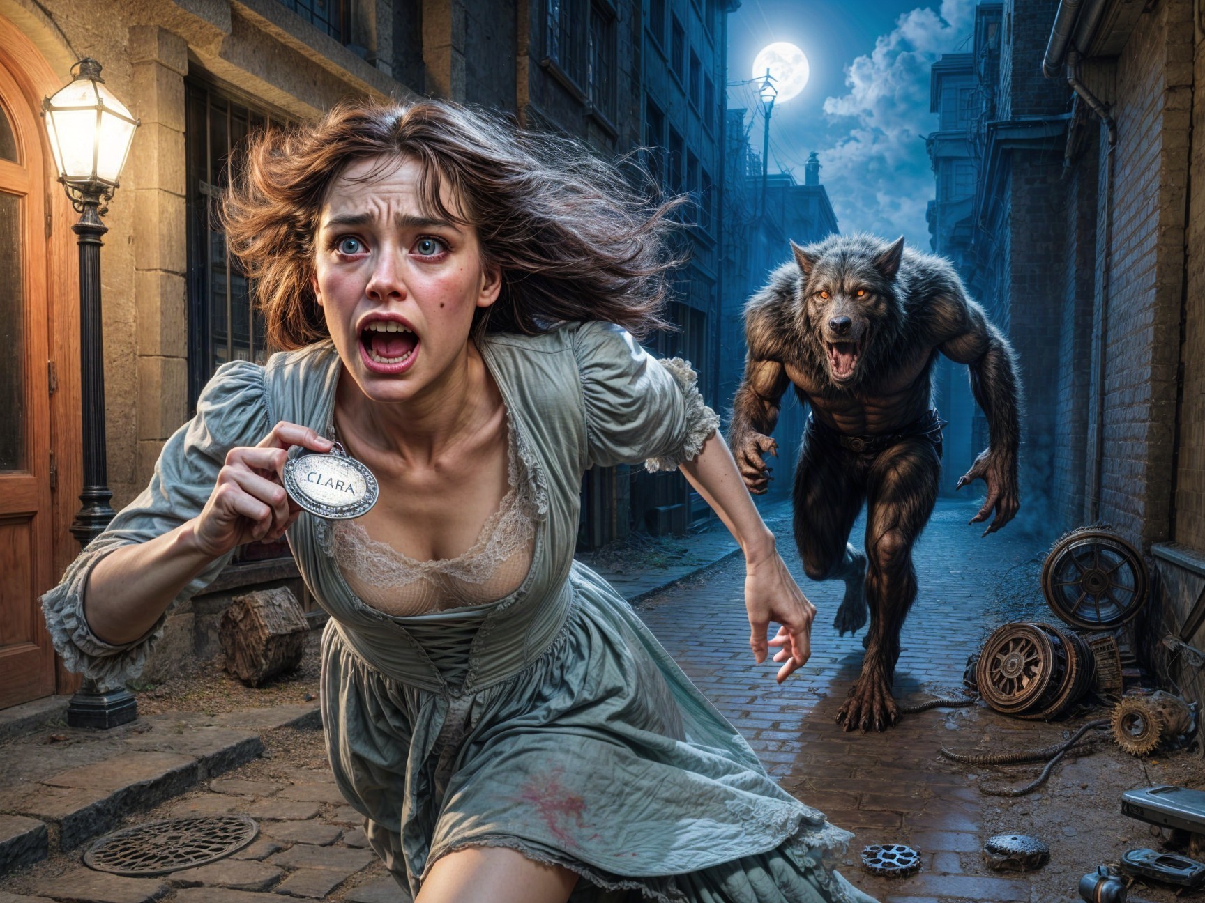 Gothic Scene of Woman Fleeing from Werewolf