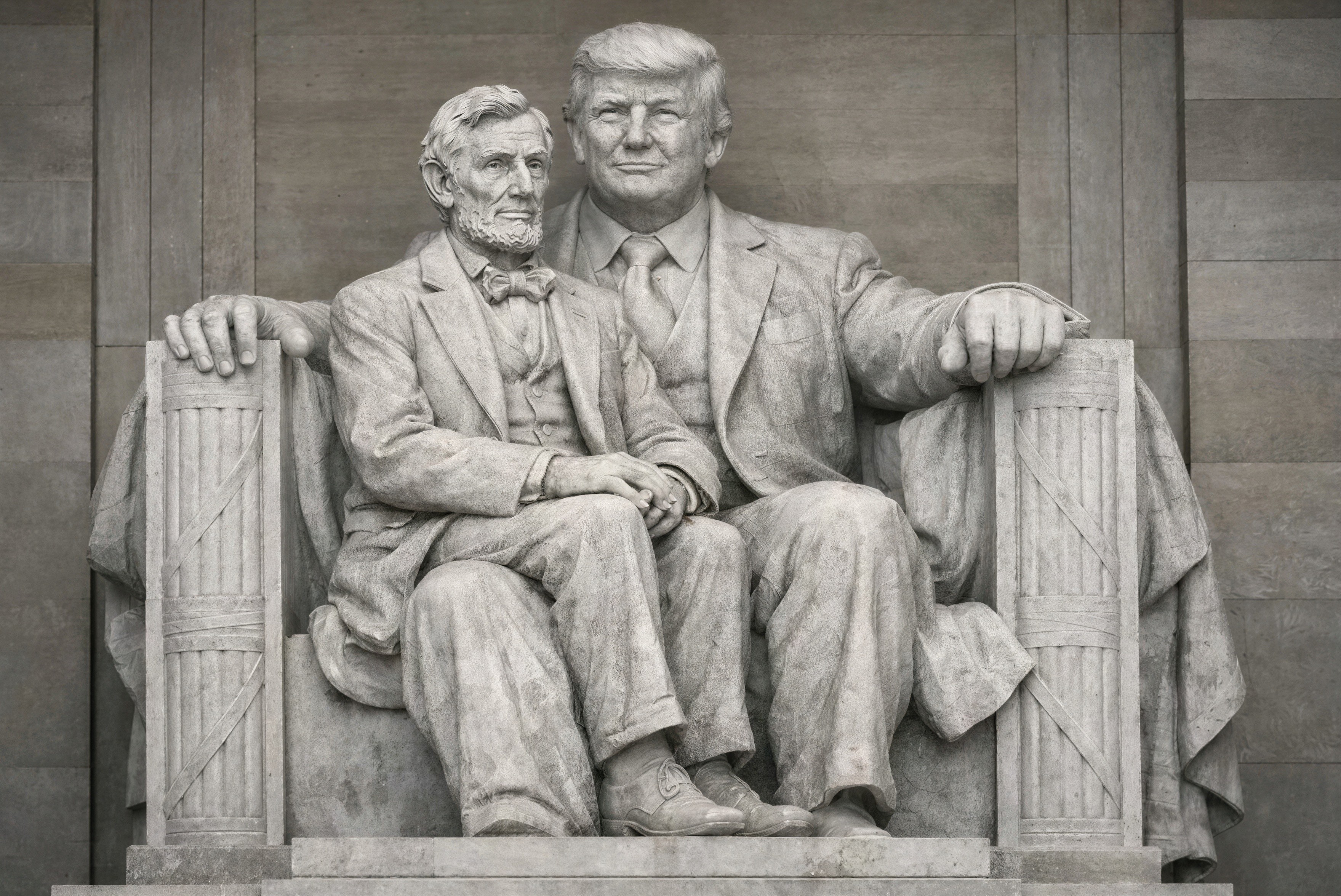 Grayscale Sculptures of Lincoln and Trump in 3/4 View
