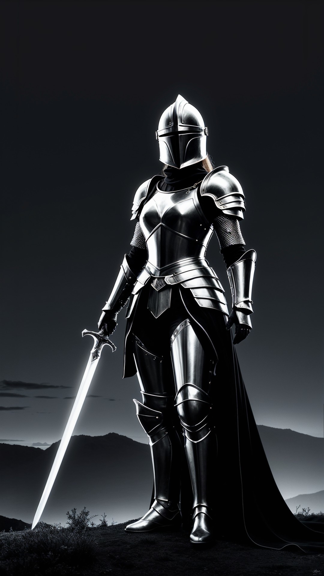 Knight in Shining Armor Against Dark Landscape