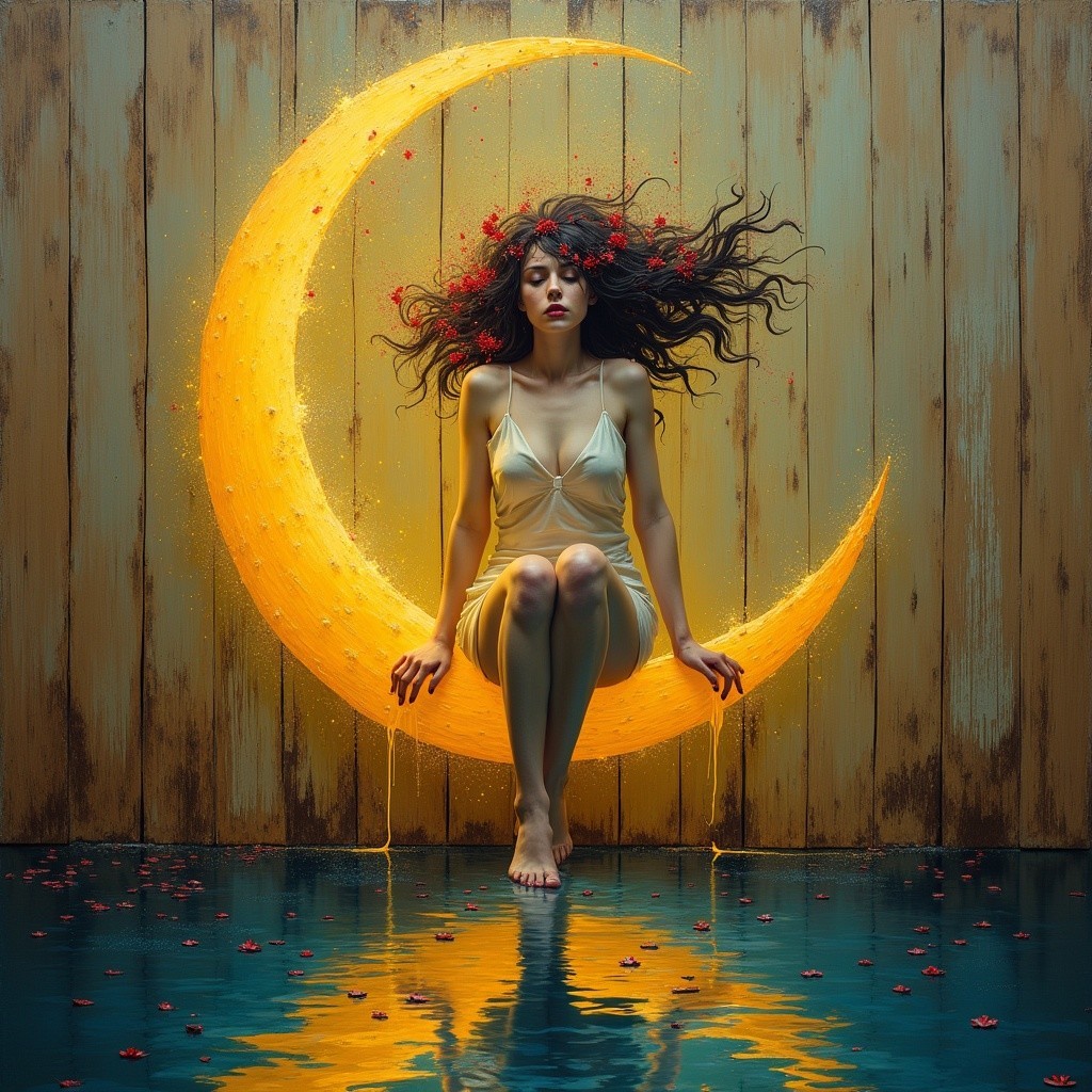 Woman on Crescent Moon with Rustic Wooden Background
