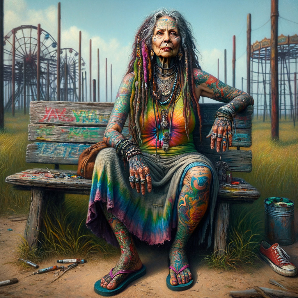 Tattooed Woman in Abandoned Amusement Park Setting