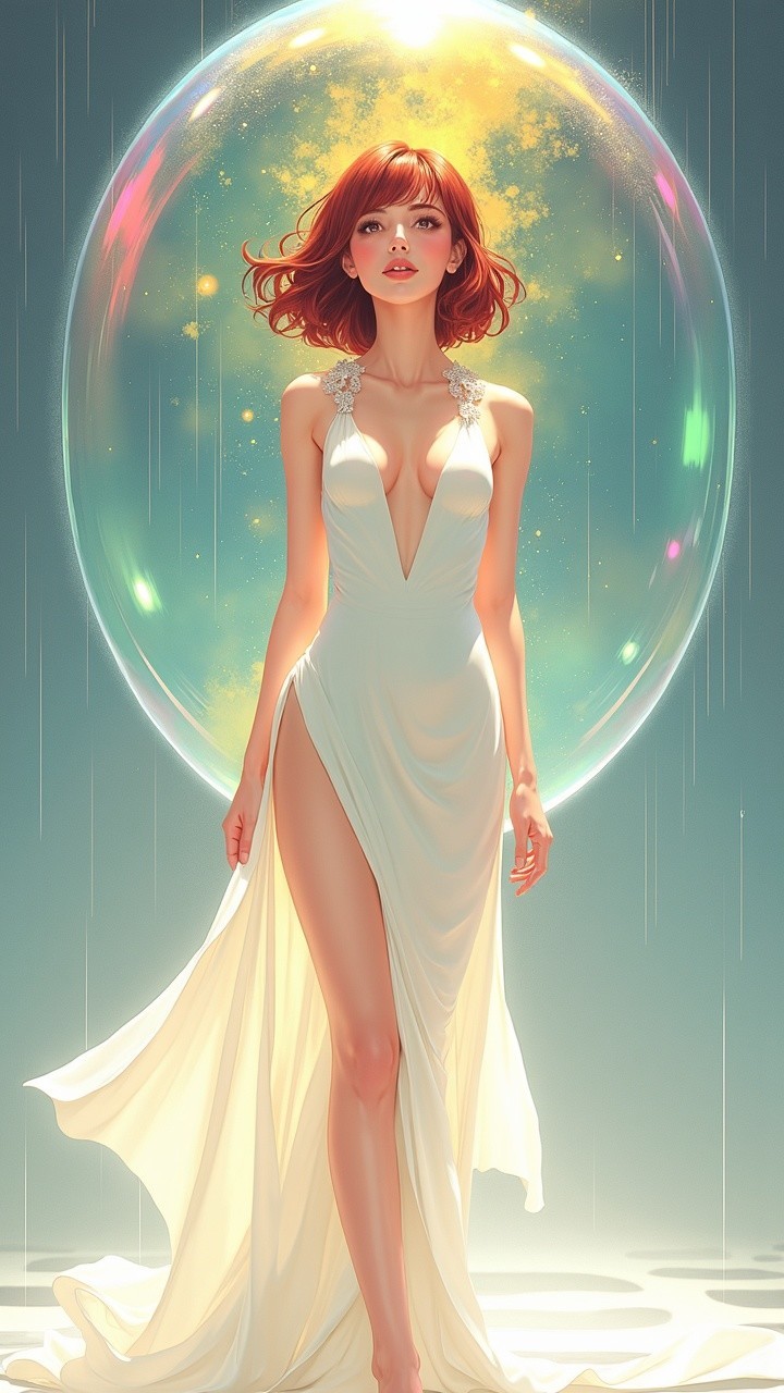 Woman in White Gown Within Ethereal Bubble Scene