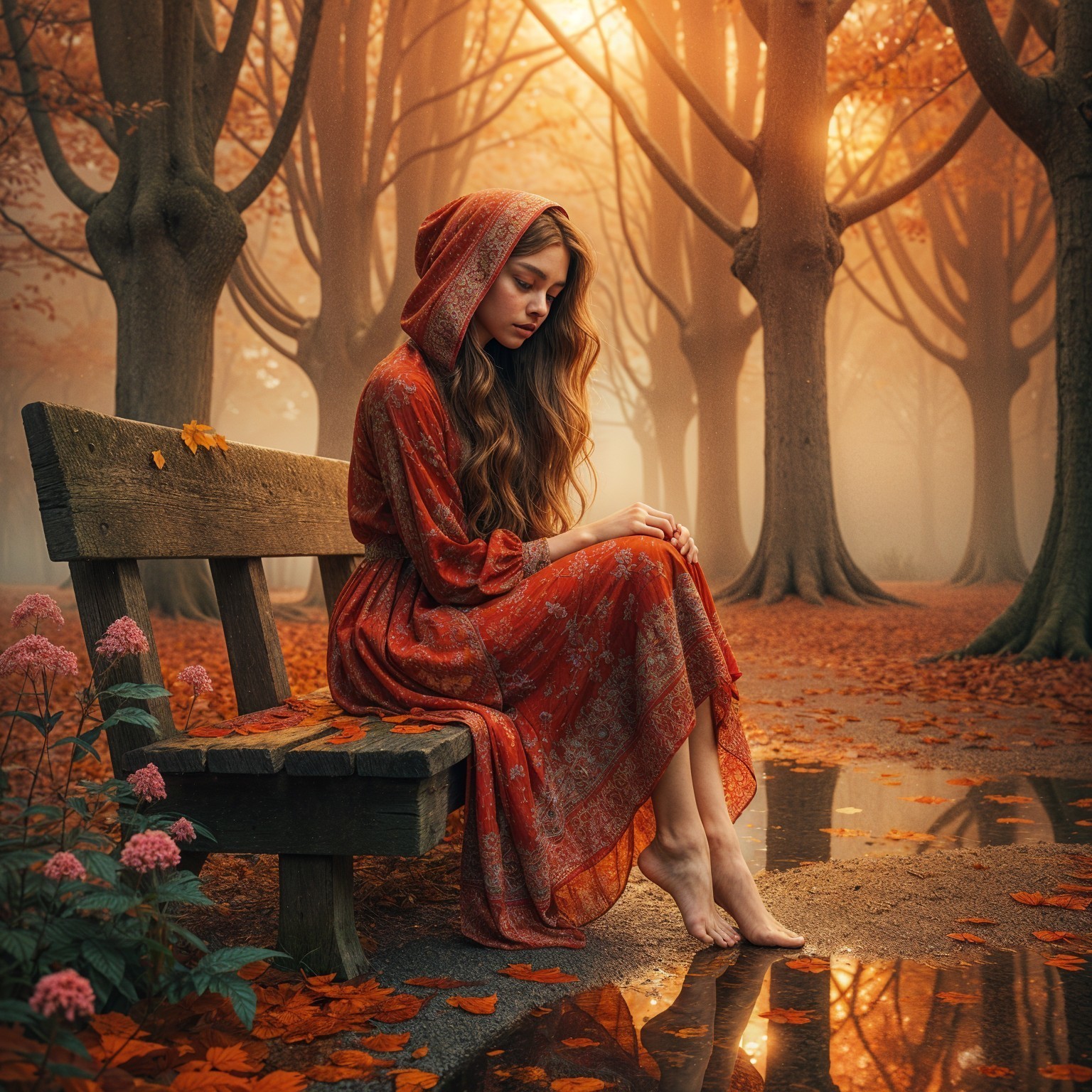 Young woman in red dress in autumn forest setting