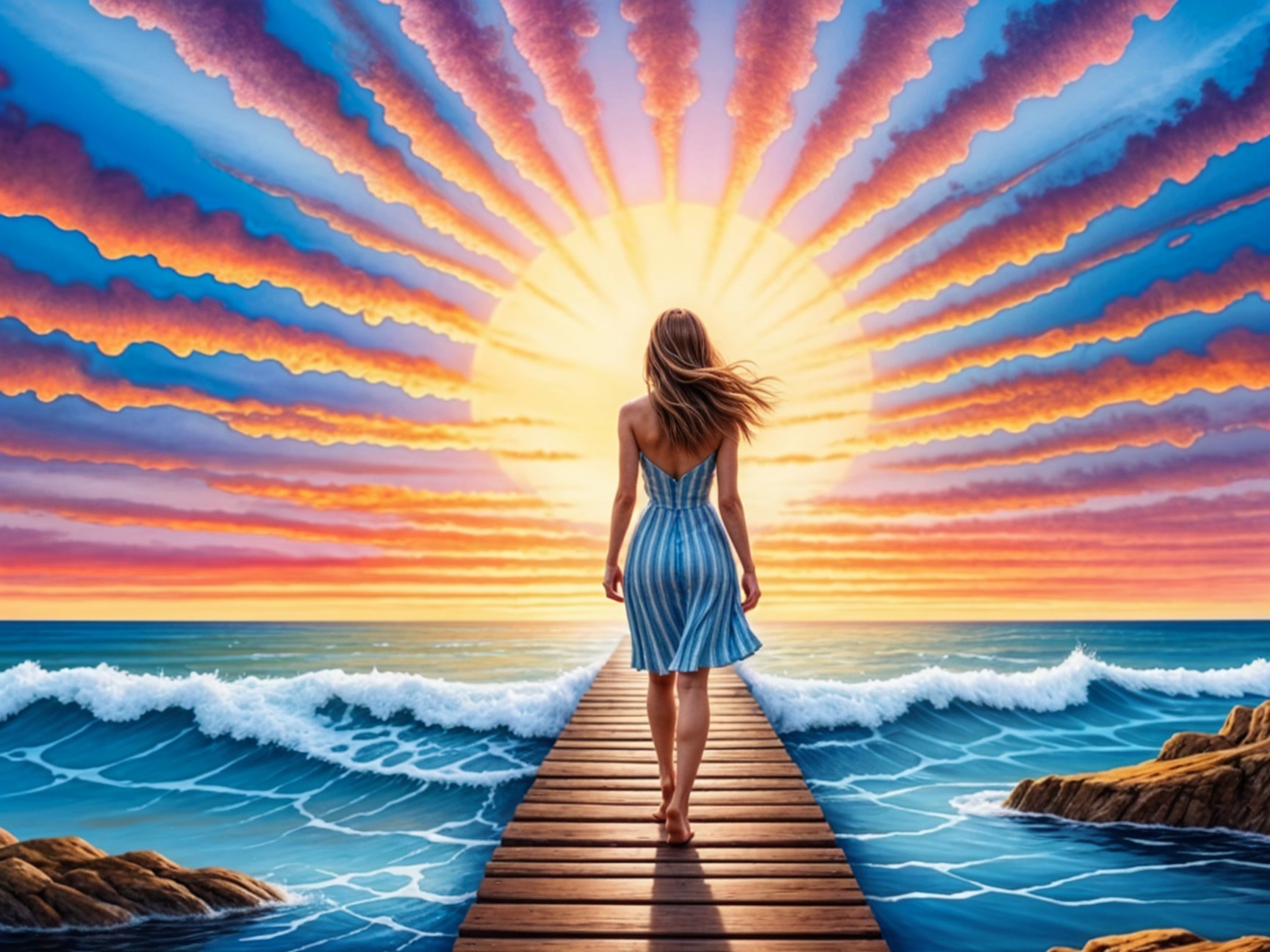 Woman on Pier at Sunset with Vibrant Sky Colors