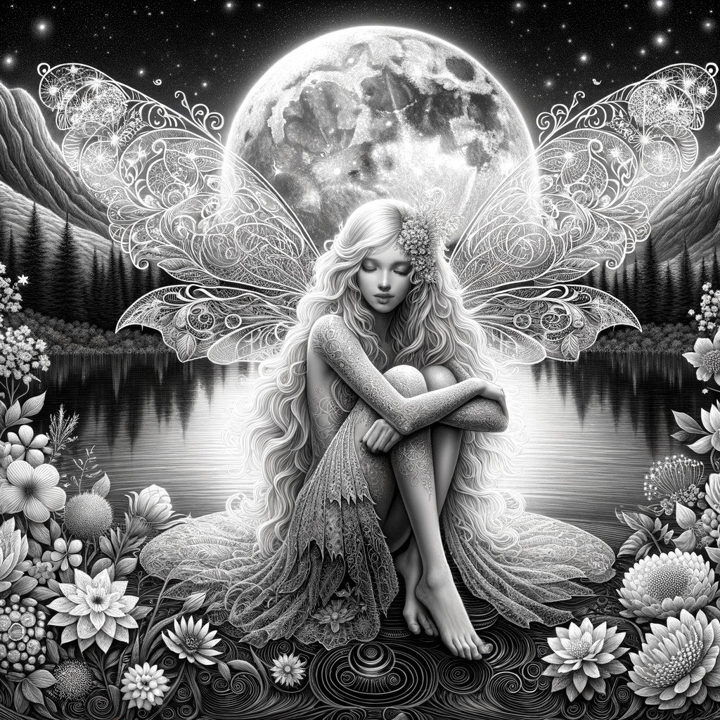 Black-and-white illustration of a fairy by a lake