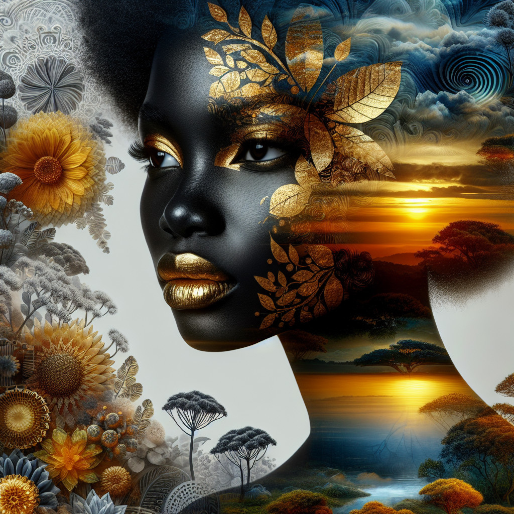Portrait of a woman with floral designs and sunflowers