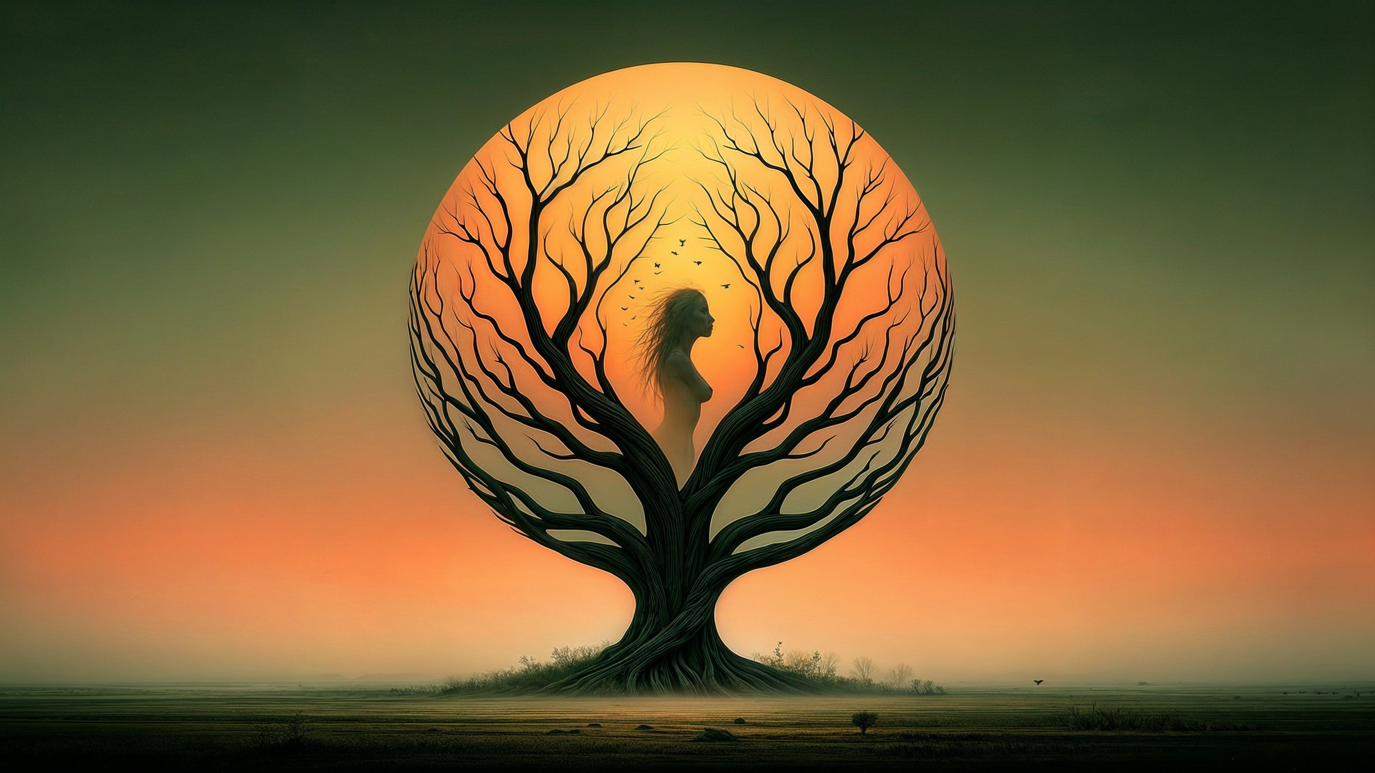 Surreal Landscape with Tree and Ghostly Figure
