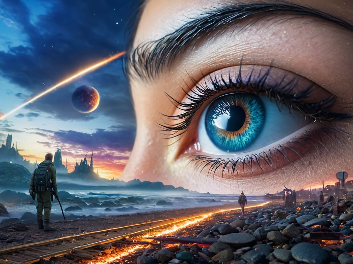 Close-Up of Eye Reflecting Cosmic Scene and Silhouettes