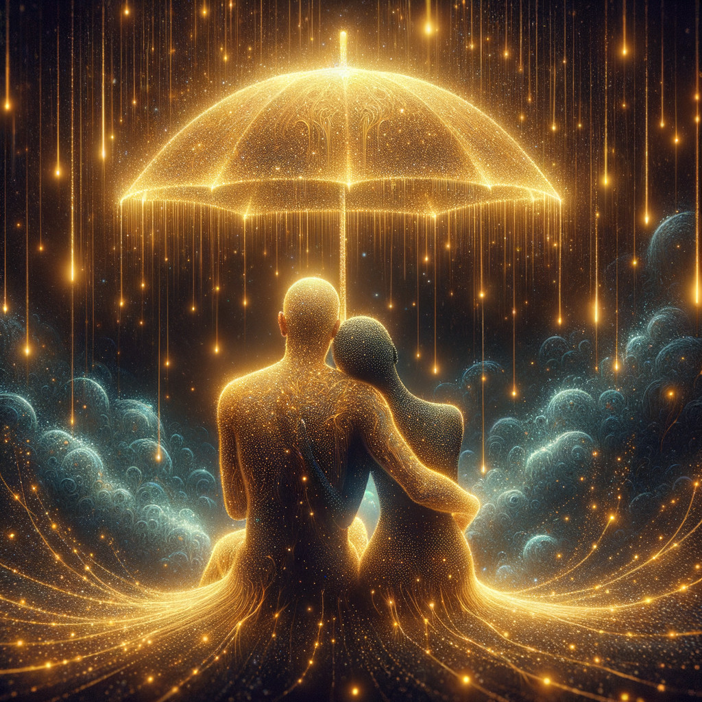Ethereal scene of two figures under a radiant umbrella