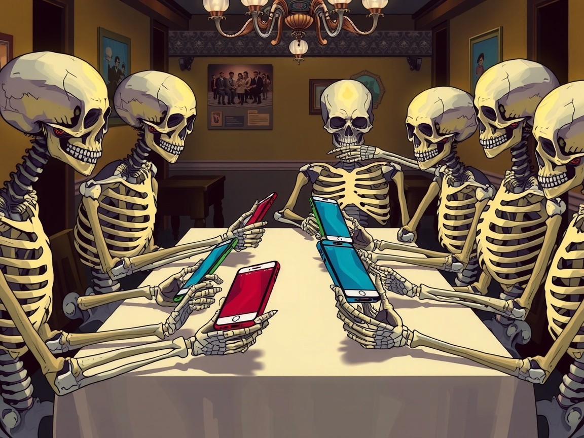Skeletons in a dimly lit room using smartphones