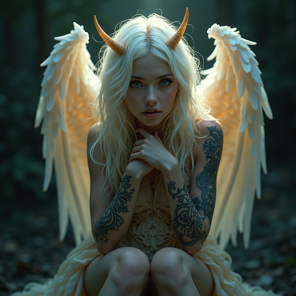 Blonde-Haired Figure with Wings in Mystical Forest
