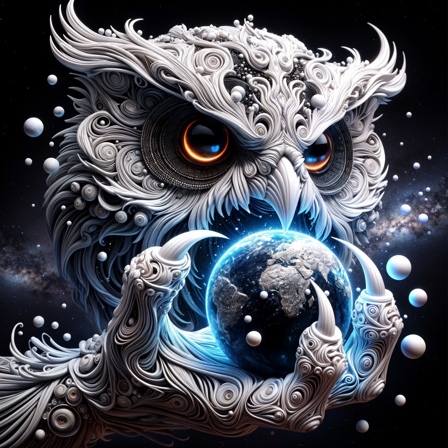 Intricate Owl Design Gripping Glowing Earth in Space