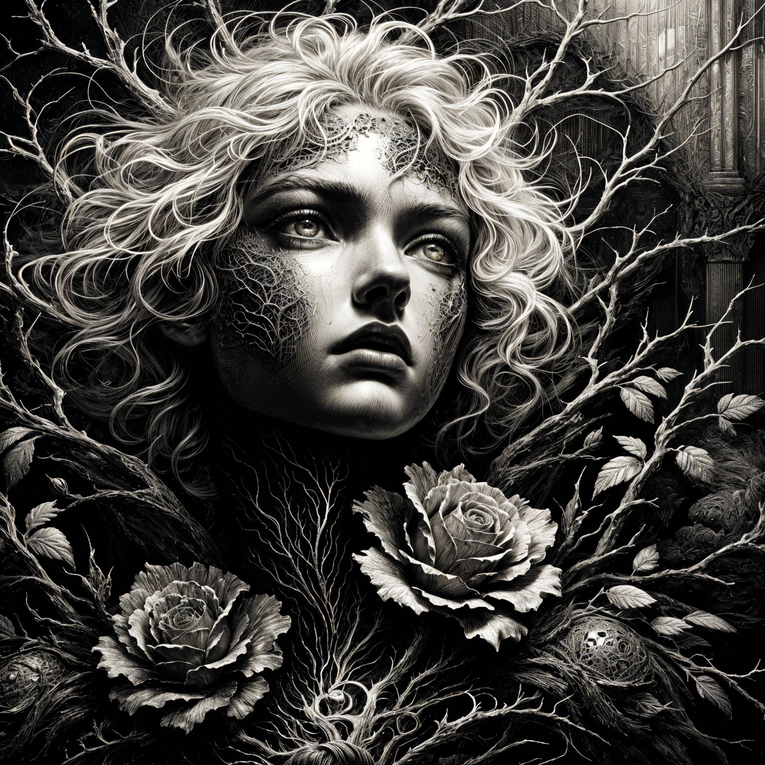 Monochromatic Portrait of Woman with Nature Patterns