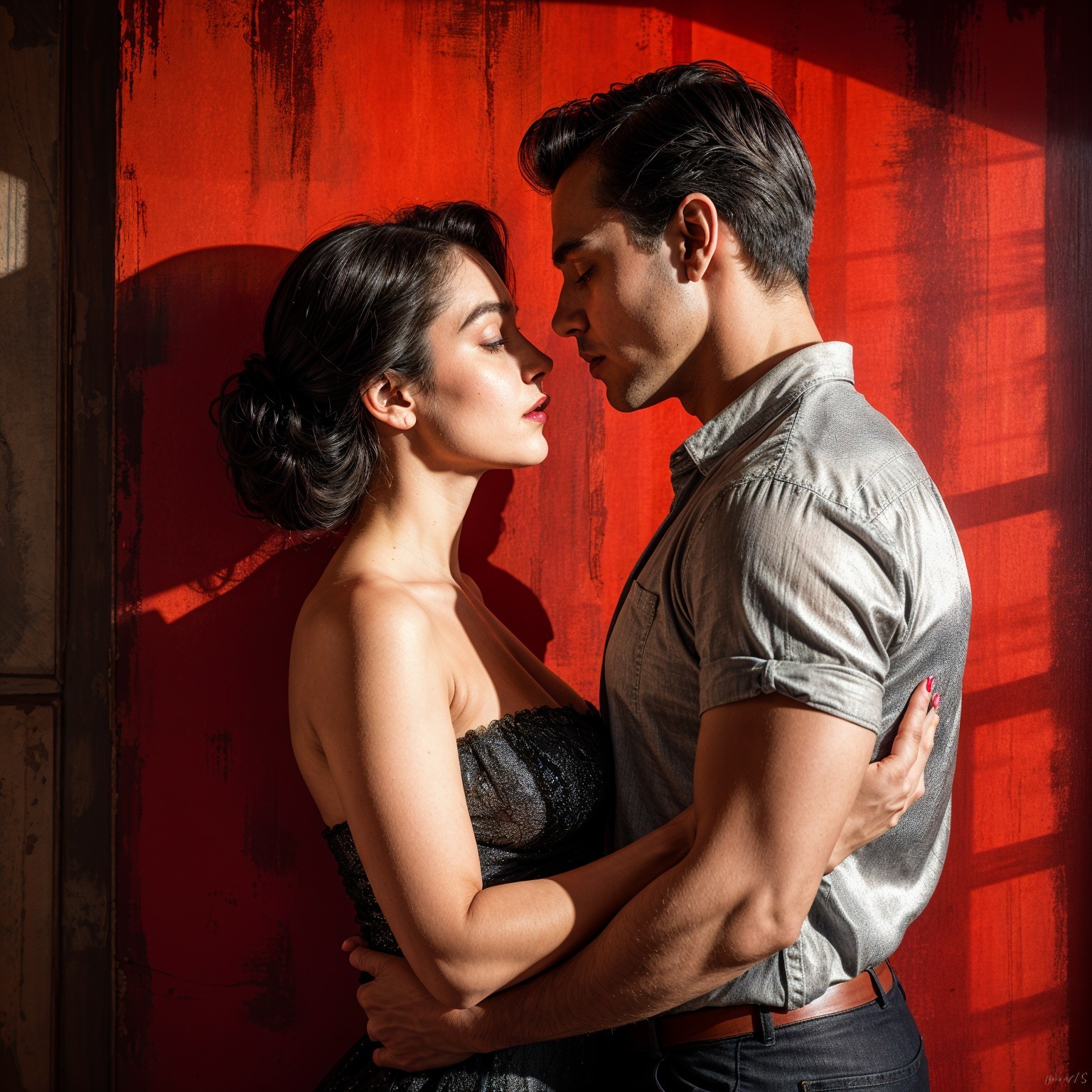 Couple in Dimly Lit Room with Red Wall and Intense Atmosphere