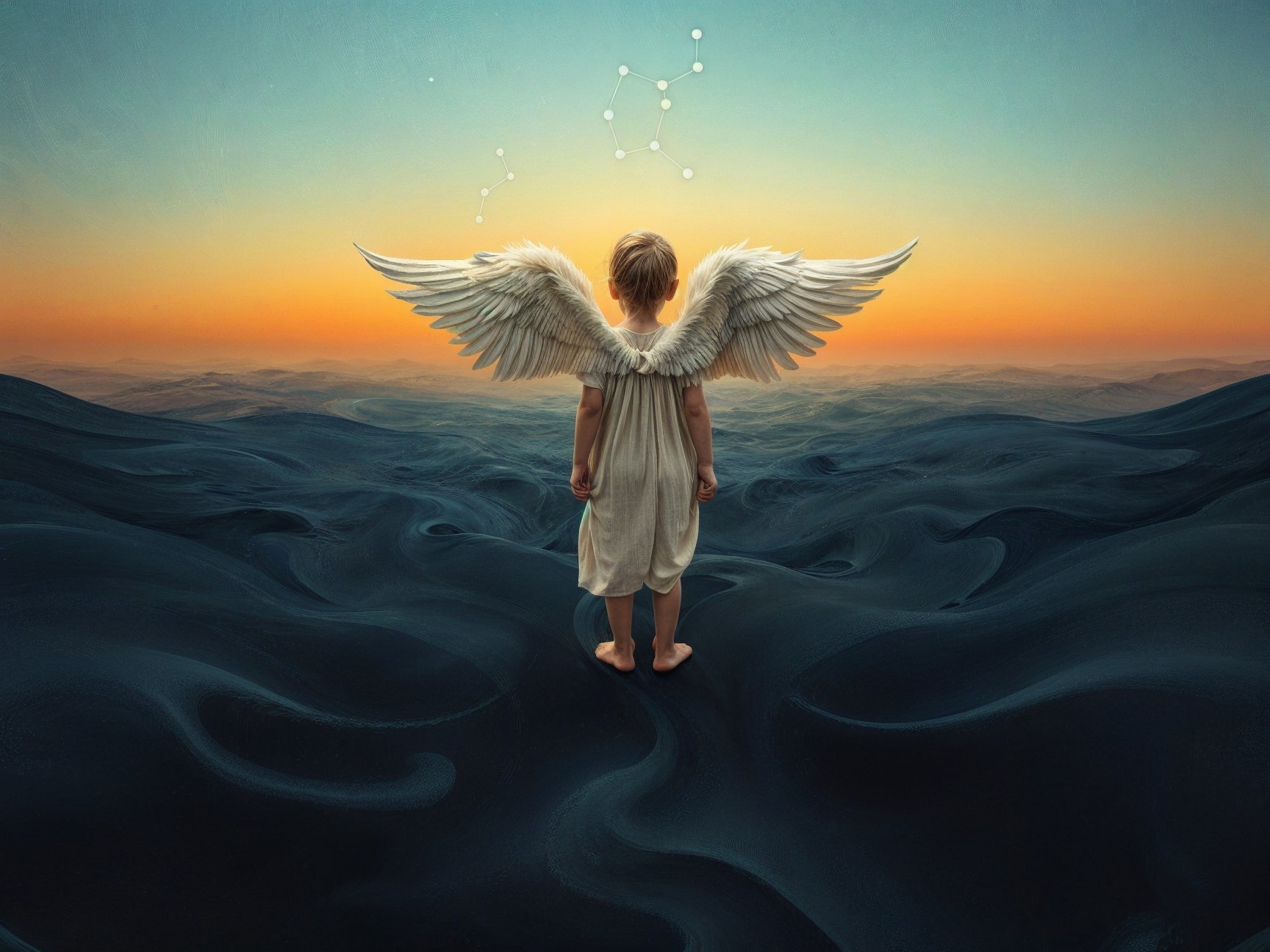 Child with white wings on dark terrain at sunset