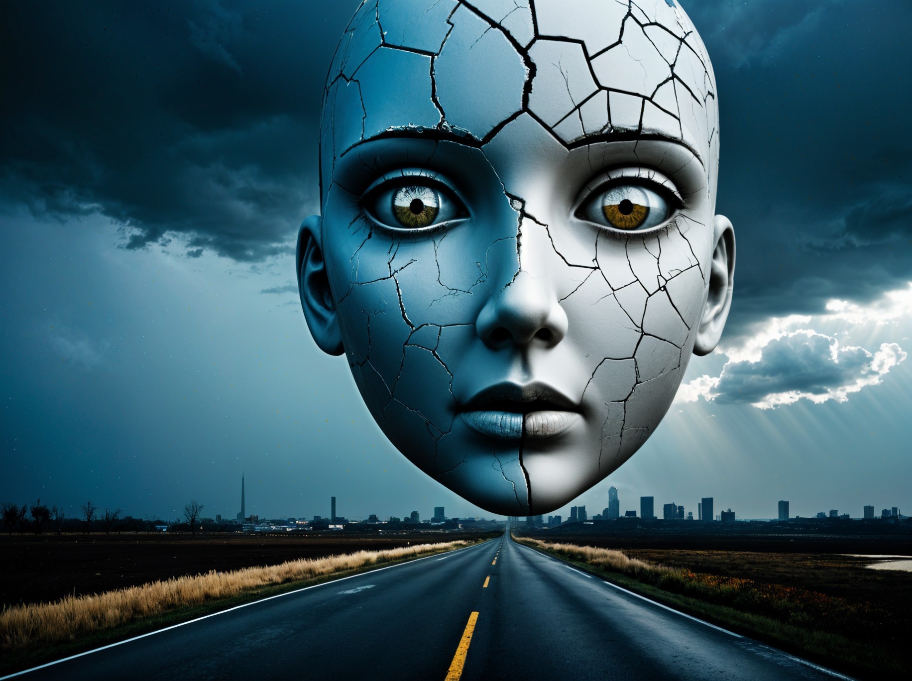 Humanoid Face Over Desolate Road and City Skyline