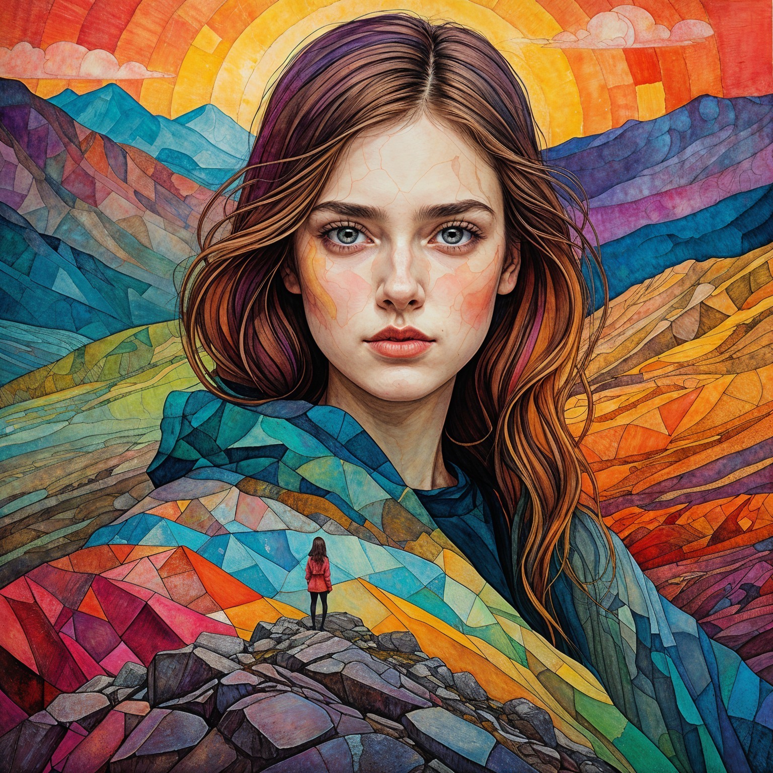 Young Woman in Abstract Landscape with Vibrant Colors
