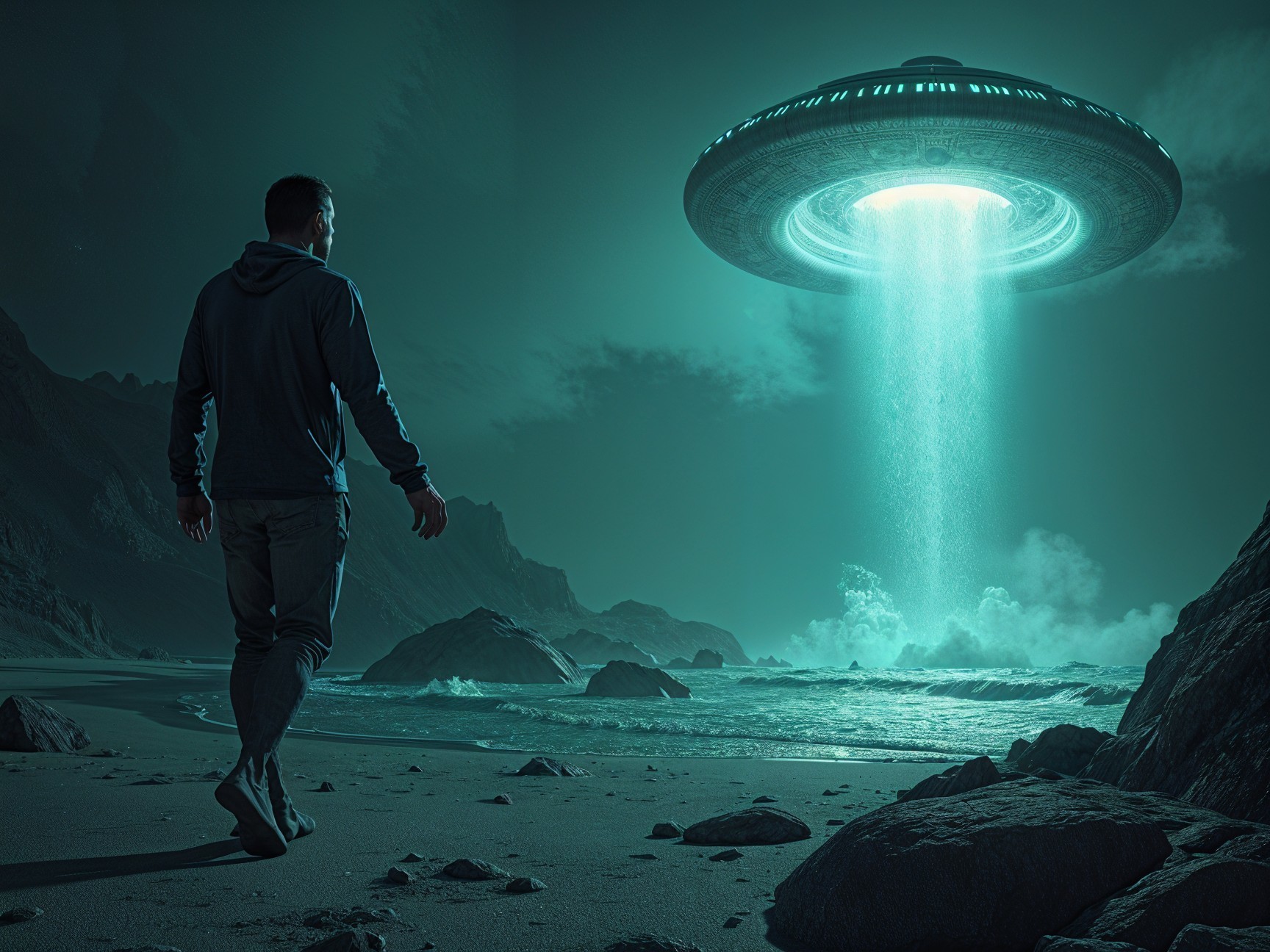 Lone Figure on Rocky Beach Under Glowing UFO