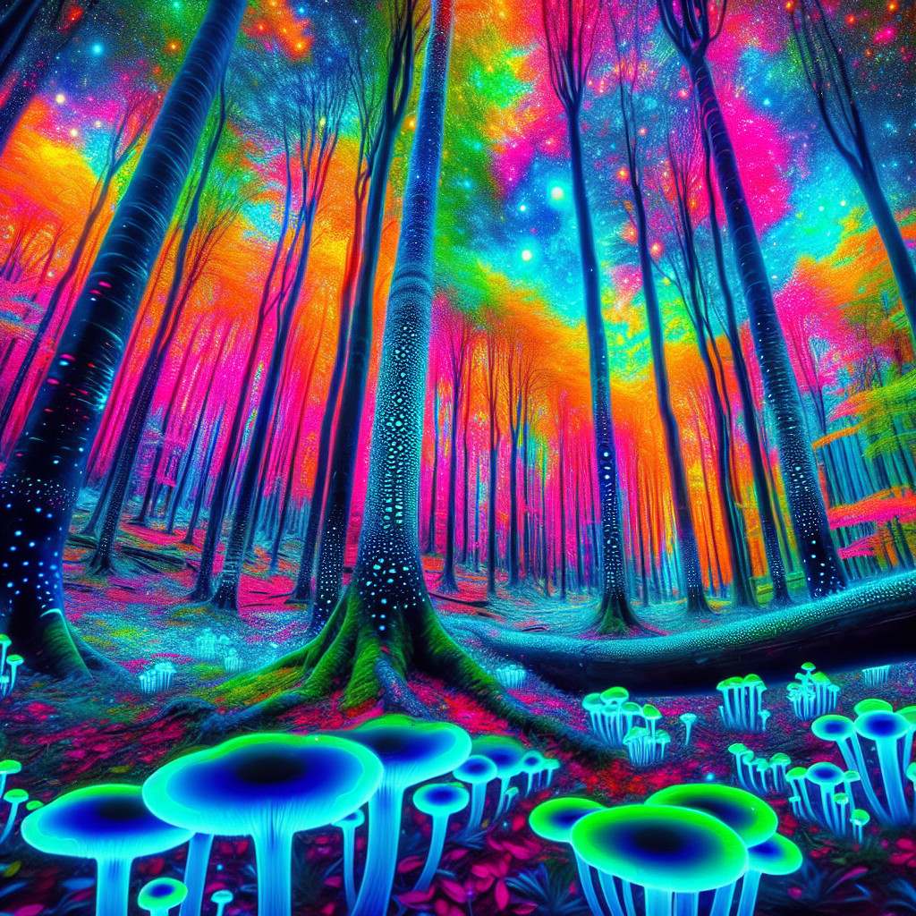 Surreal forest landscape with neon colors and galaxies
