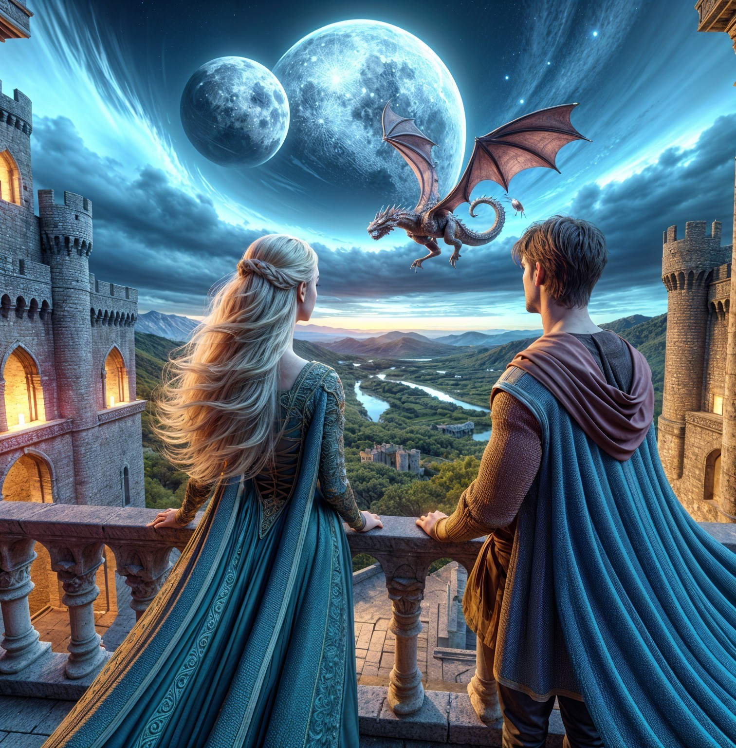 Regal Couple on Castle Balcony with Dragon and Moons