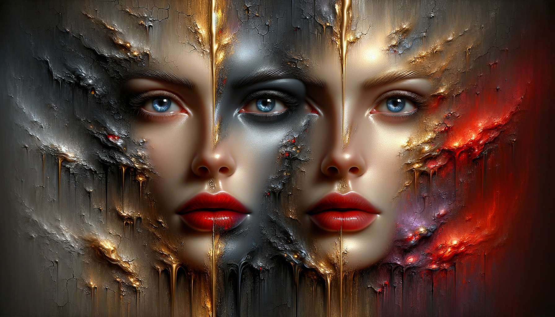 Abstract Artwork with Dual Faces and Textured Background