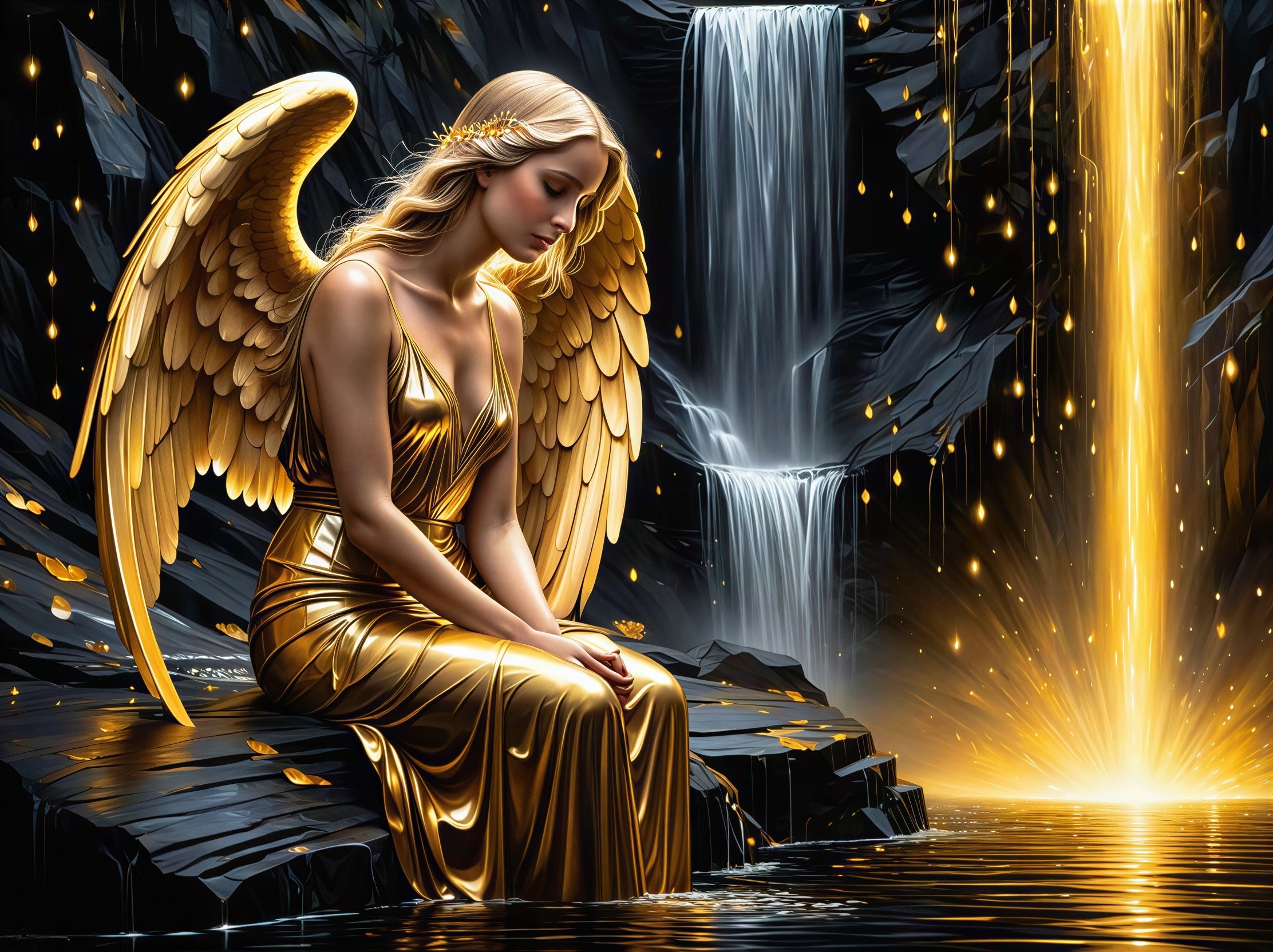 Angel in Golden Dress by Waterfall with Light Orbs