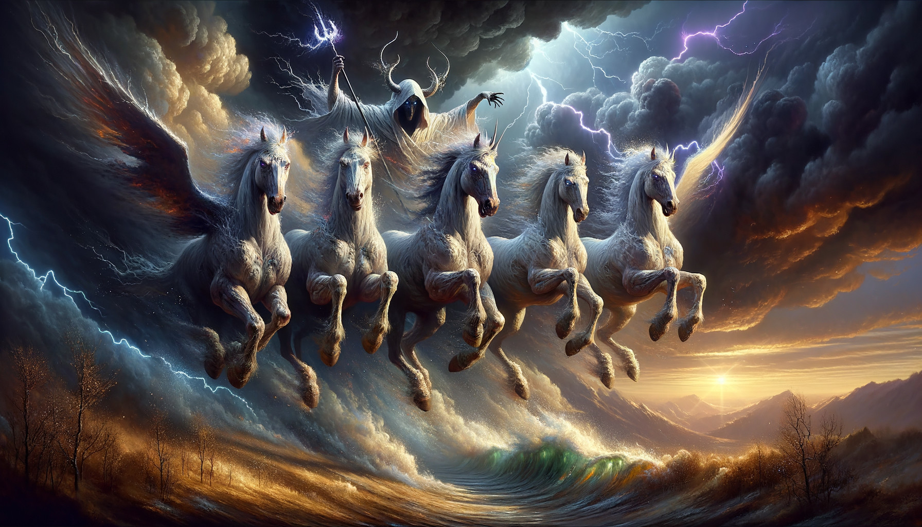 Cloaked Figure with Winged Horses in Stormy Sky