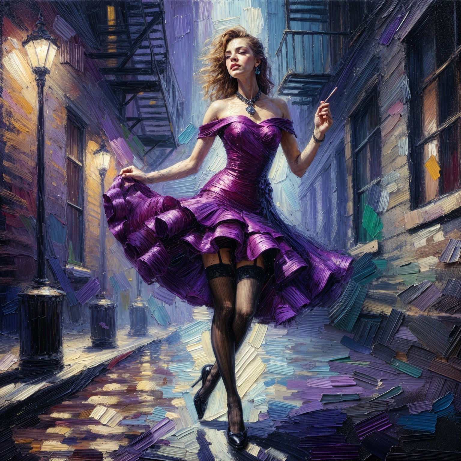 Elegant Woman in Purple Dress Twirling in Alley