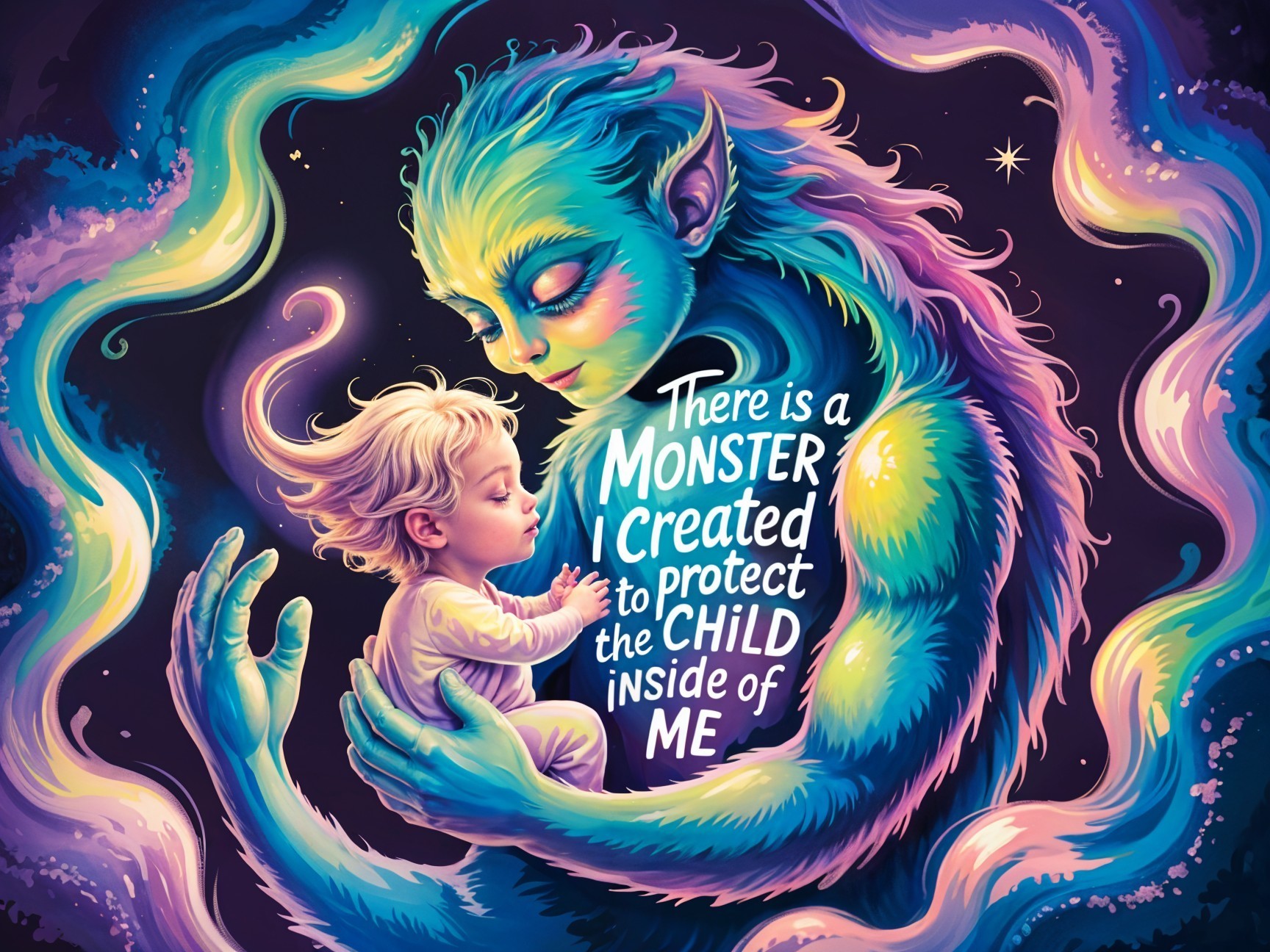 Mythical Creature and Child in a Cosmic Scene