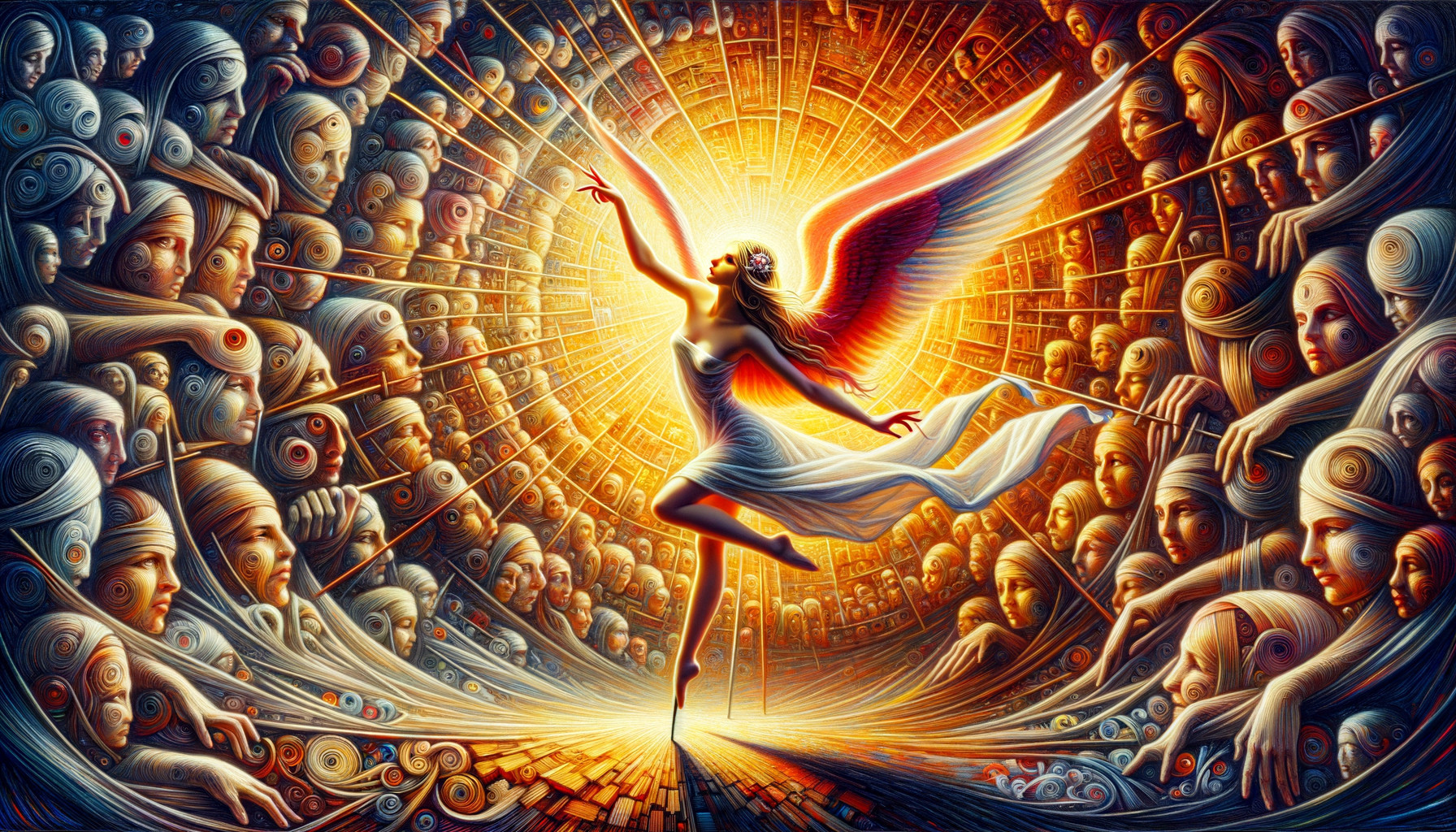 Luminous Dancer with Vibrant Wings in Colorful Scene