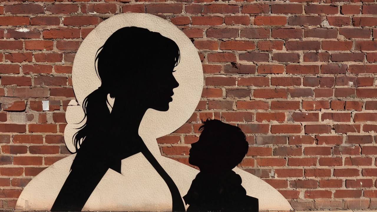 Silhouette of Woman and Child Against Brick Wall